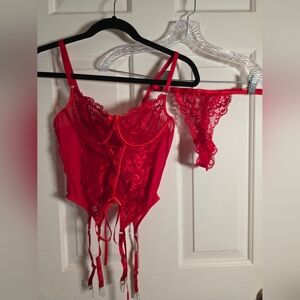 Sexy Red Floral Sheer Underwire Bra Matching Panty Gater Lingerie Set Size M